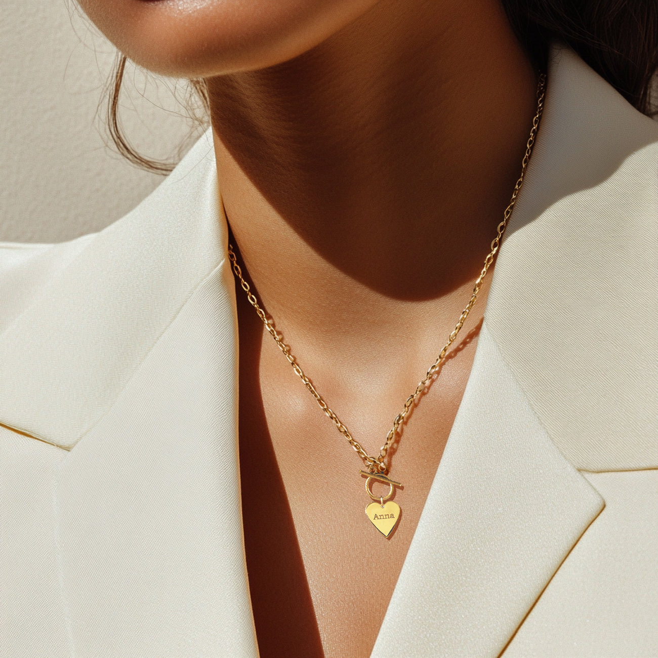 Private Label Engravable Heart Toggle Necklace in Yellow Gold