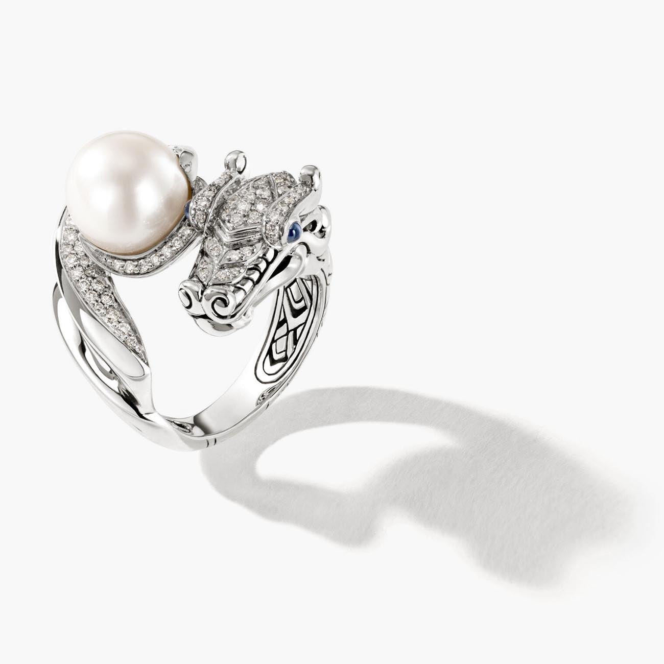 John Hardy Legends Naga Diamond Pave and Pearl Dragon Ring