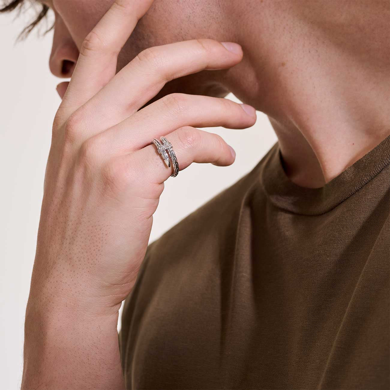 John Hardy Spear Silver Pave Diamond Single Coil Ring