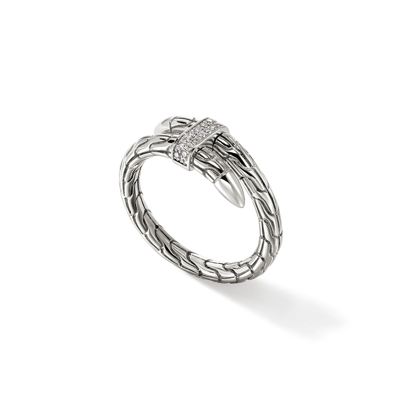 John Hardy Spear Silver Pave Diamond Single Coil Ring