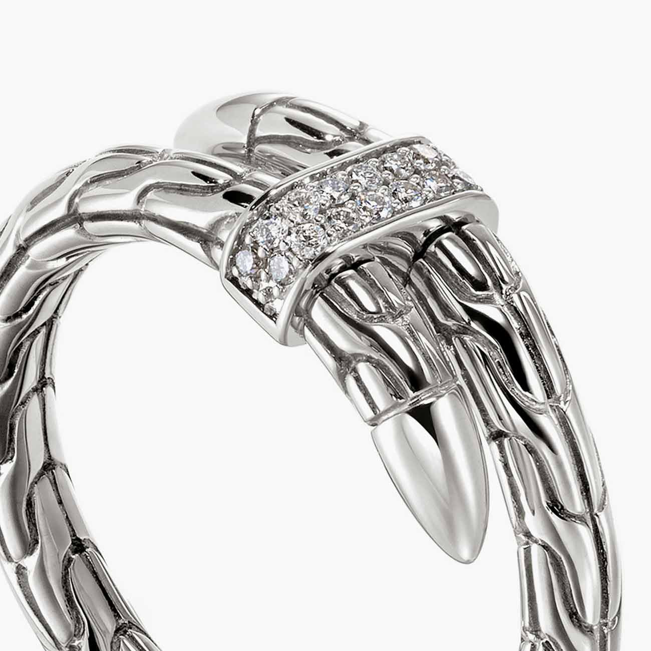 John Hardy Spear Silver Pave Diamond Single Coil Ring