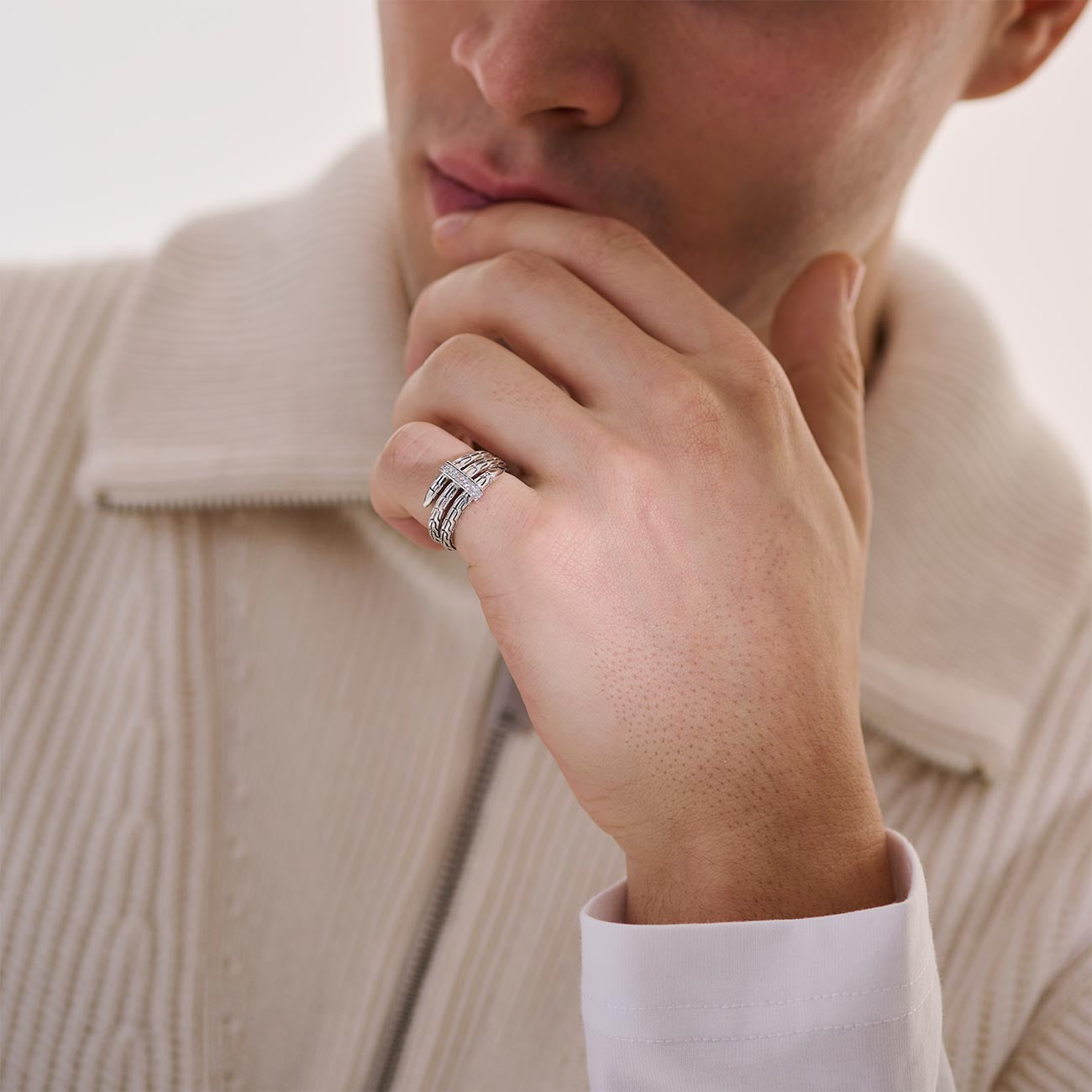 John Hardy Spear Silver Double Coil Ring with Pave Diamond