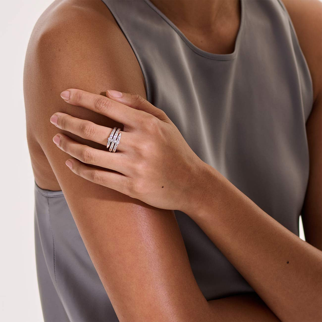 John Hardy Spear Silver Double Coil Ring with Pave Diamond