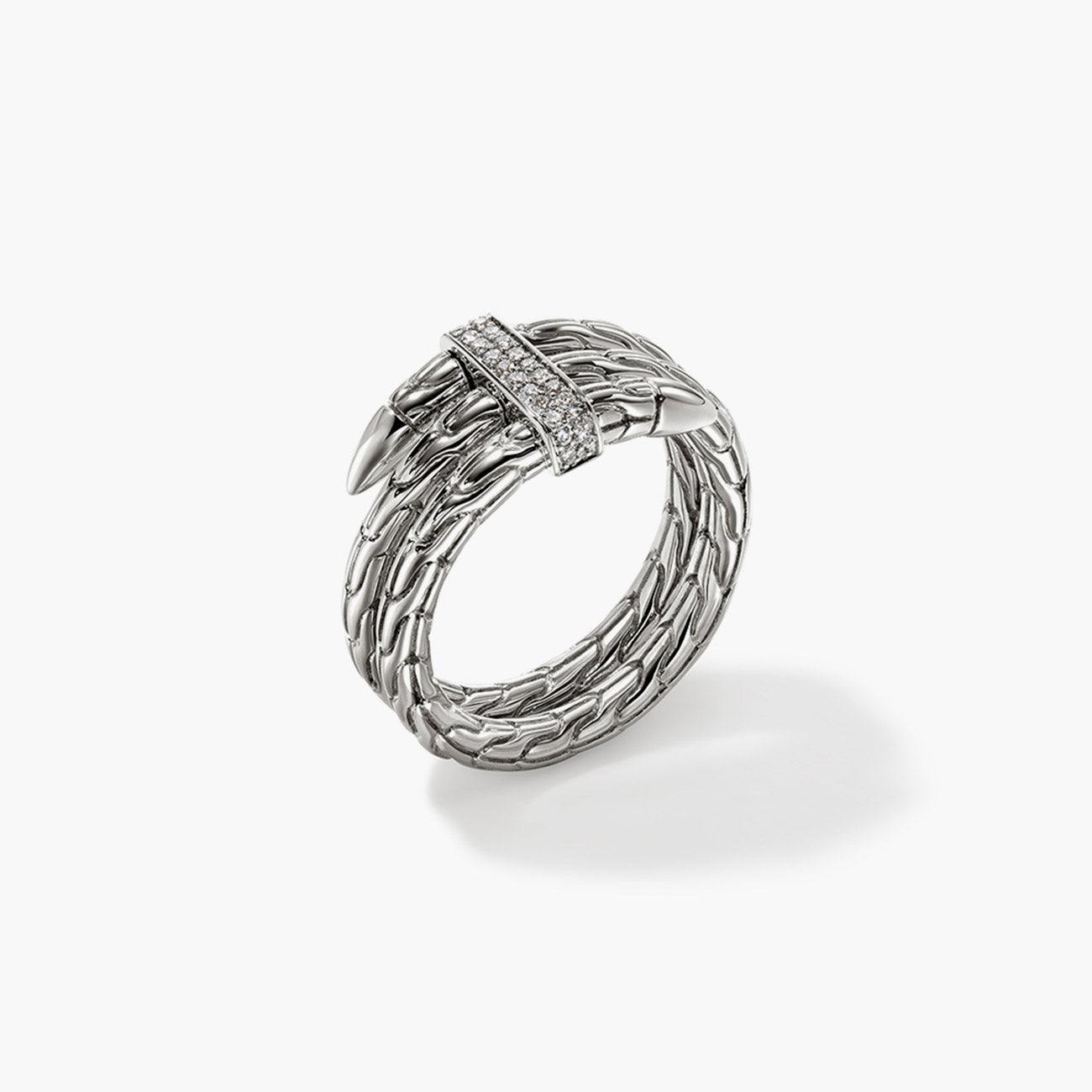 John Hardy Spear Silver Double Coil Ring with Pave Diamond