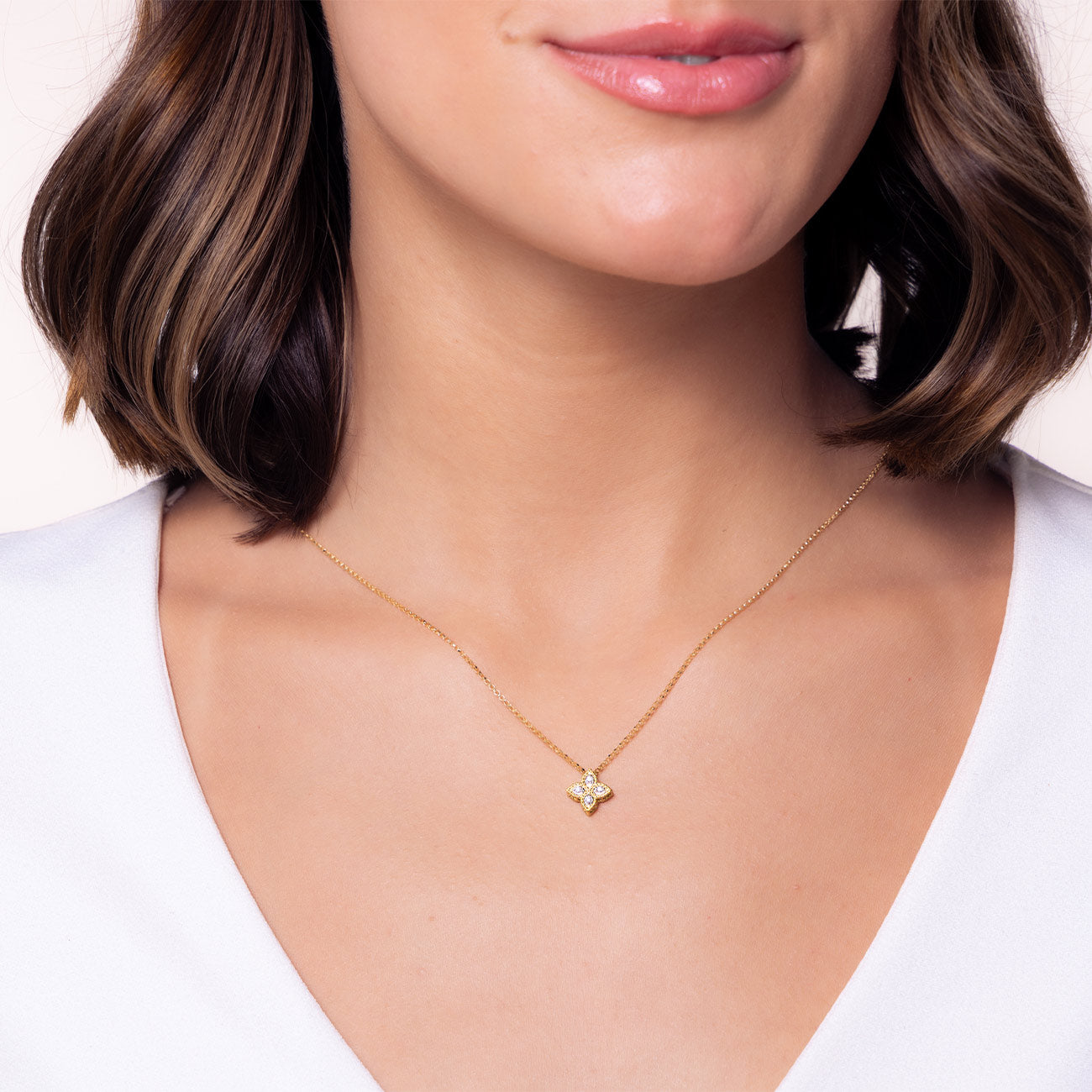 Roberto Coin Princess Flower Small Yellow Gold Diamond Necklace