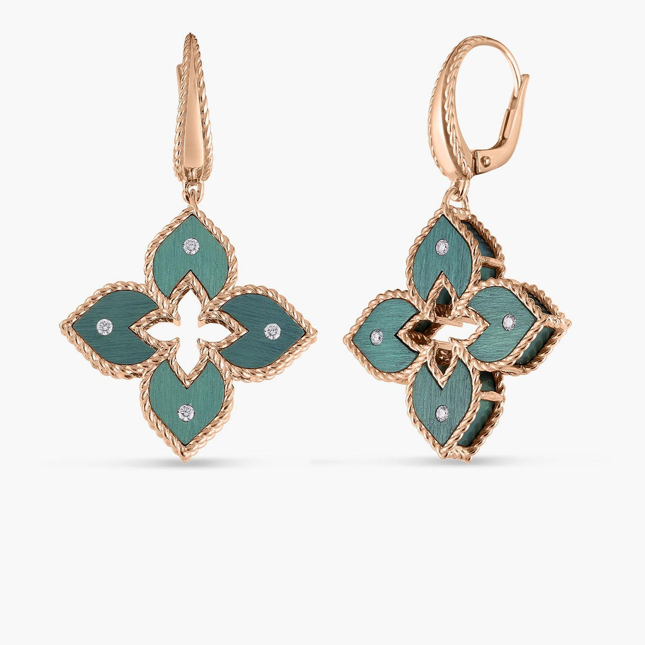Roberto Coin Venetian Princess Rose Gold Diamond Flower Earrings With Green Titanium