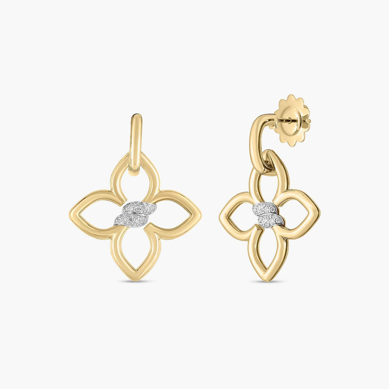Roberto Coin Cialoma Small Diamond Flower Earrings in Yellow and White Gold