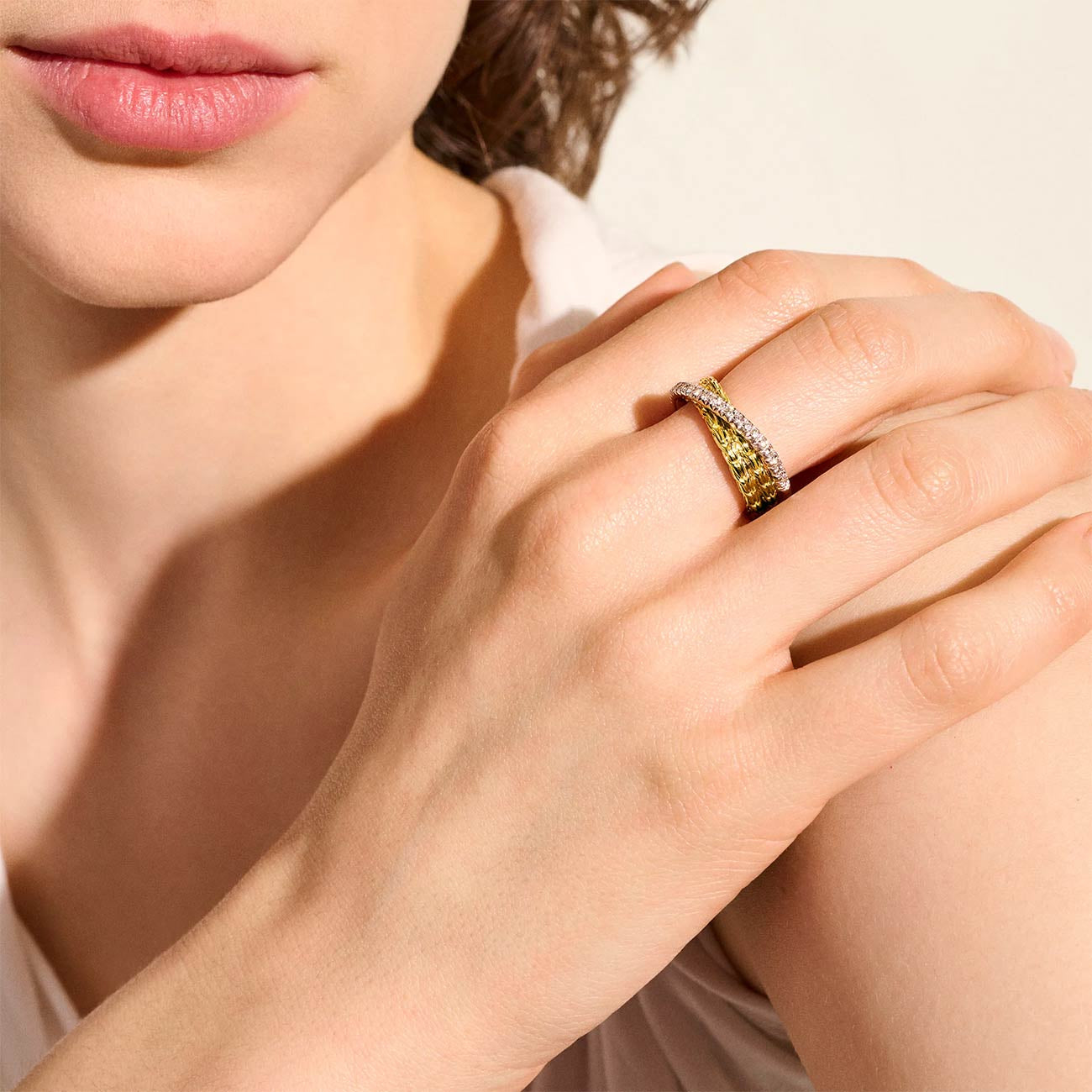 John Hardy Essentials Pavé 7mm Crossover Ring in 14K Yellow Gold