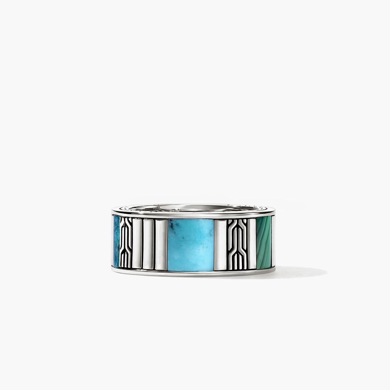 John Hardy Carved Chain Turquoise and Silver Band Ring