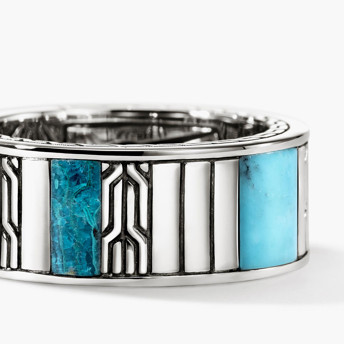 John Hardy Carved Chain Turquoise and Silver Band Ring