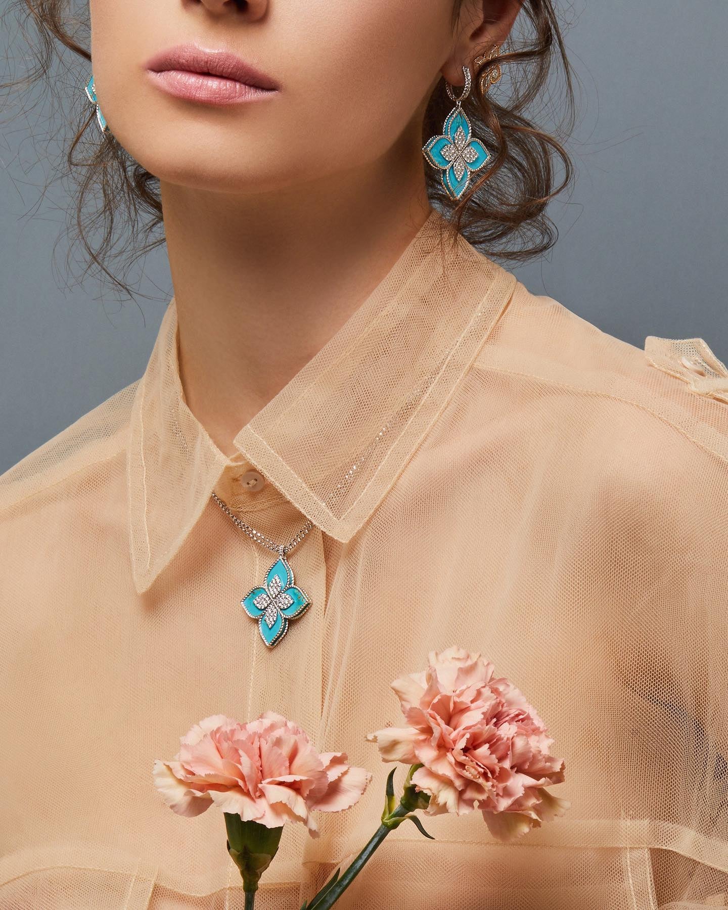 Roberto Coin Venetian Princess Turquoise and Diamond Flower Pendant Necklace