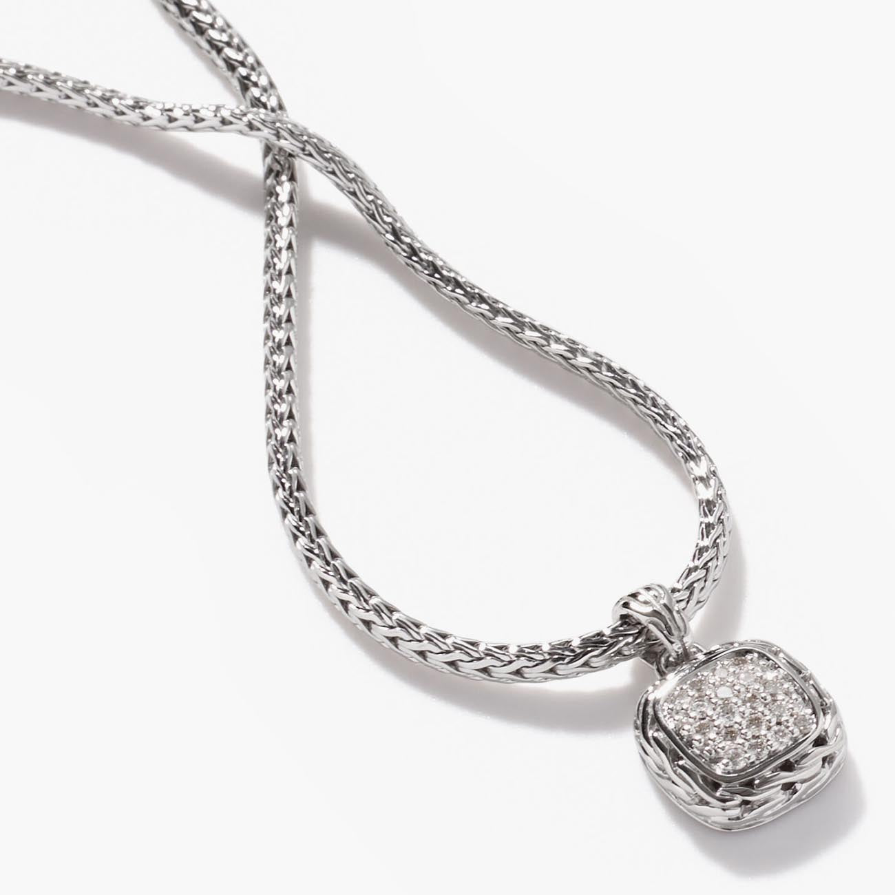 John Hardy Icon Silver Diamond Square Drop Pendant Necklace