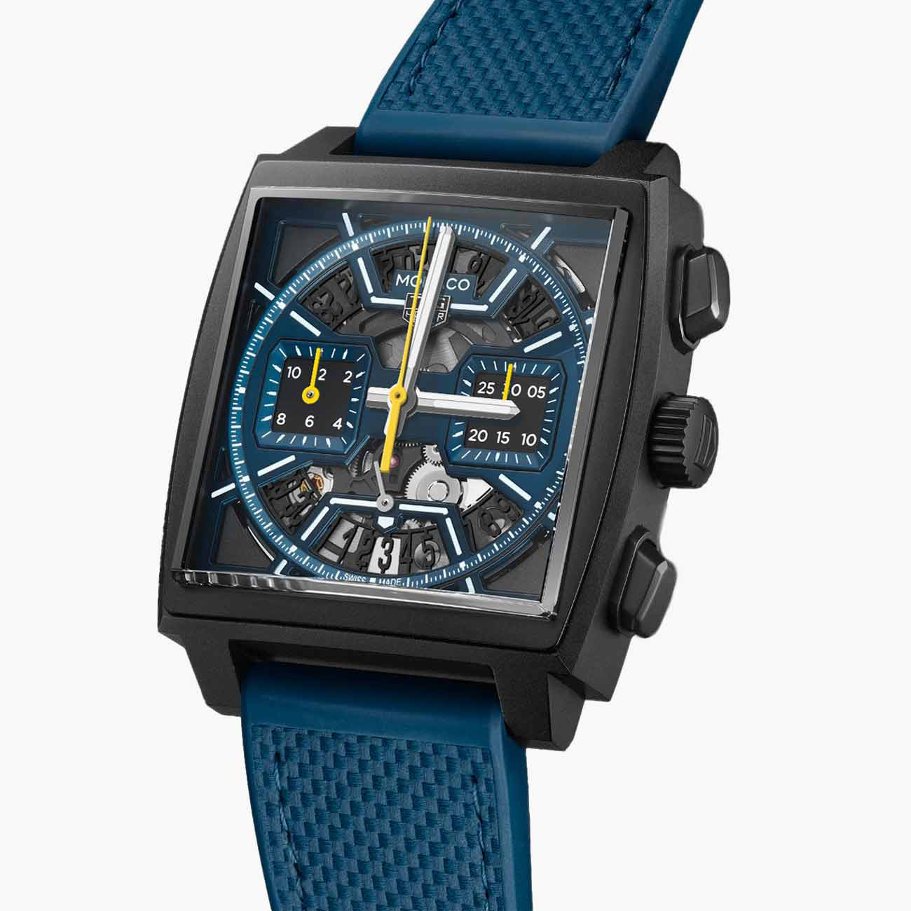 TAG Heuer Monaco Chronograph Black and Blue Dial Rubber Strap - 39mm