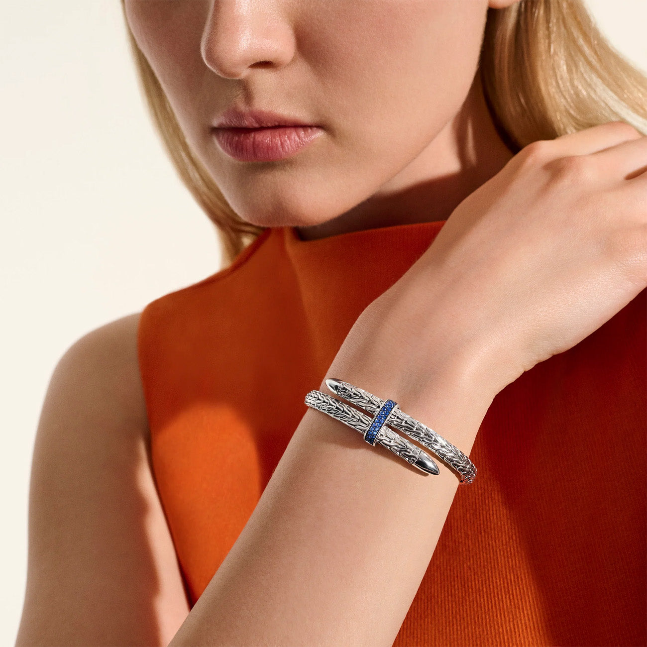 John Hardy Spear Silver Bypass Flex Cuff with Blue Sapphires