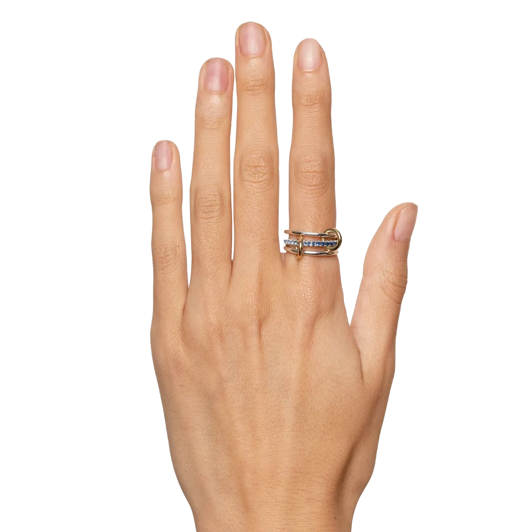 Spinelli Kilcollin Tigris Ring in Two-Tone with Blue Ombre Sapphire, Worn On Model.