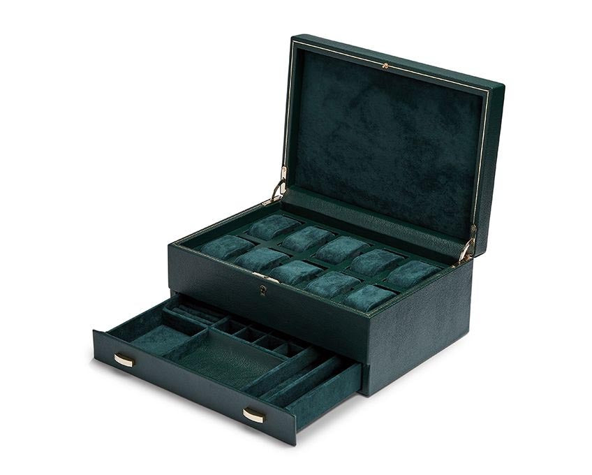 Wolf British Racing Green 10-Piece Watch Box with Drawer