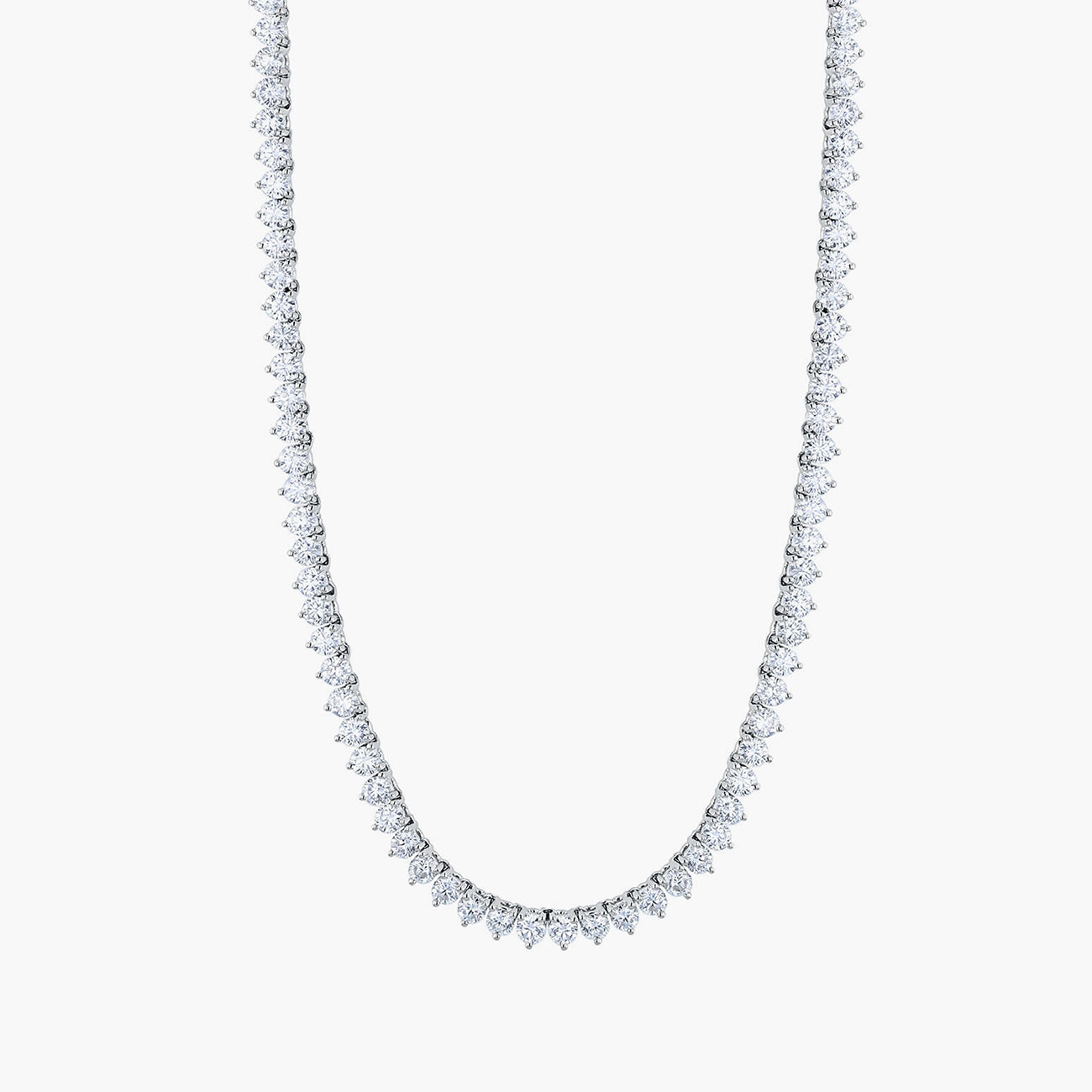 Three-prong round diamond opera necklace in 18K white gold with 11.45ct diamonds, front view