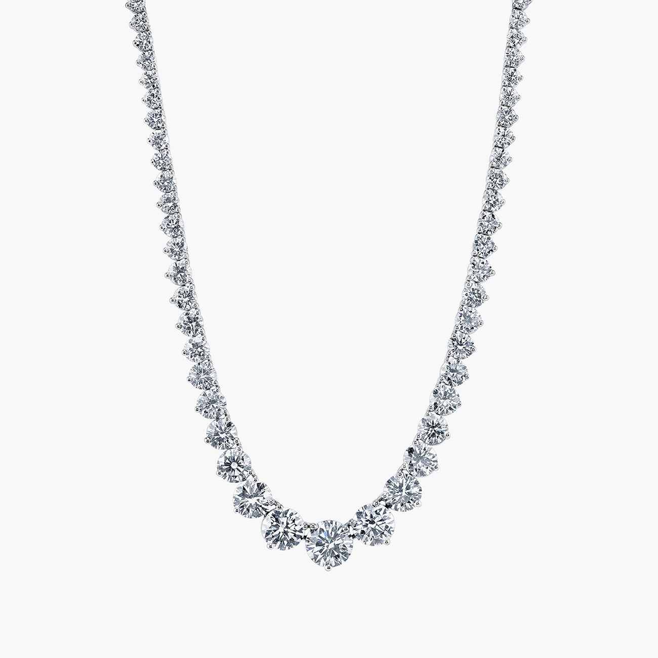 3-prong round diamond riviera necklace in platinum with 15ct diamonds, front view
