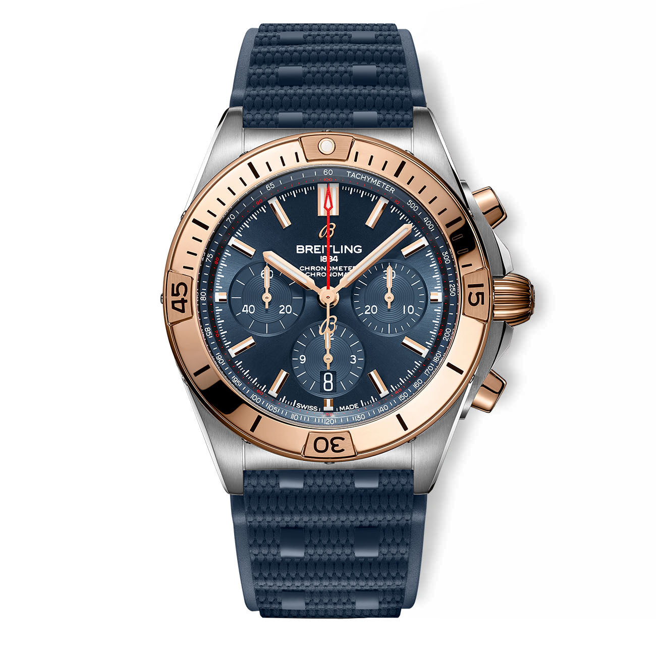 Breitling Chronomat B01 42 Two-Tone Watch Blue Dial with Rubber Rouleaux Strap — 42mm