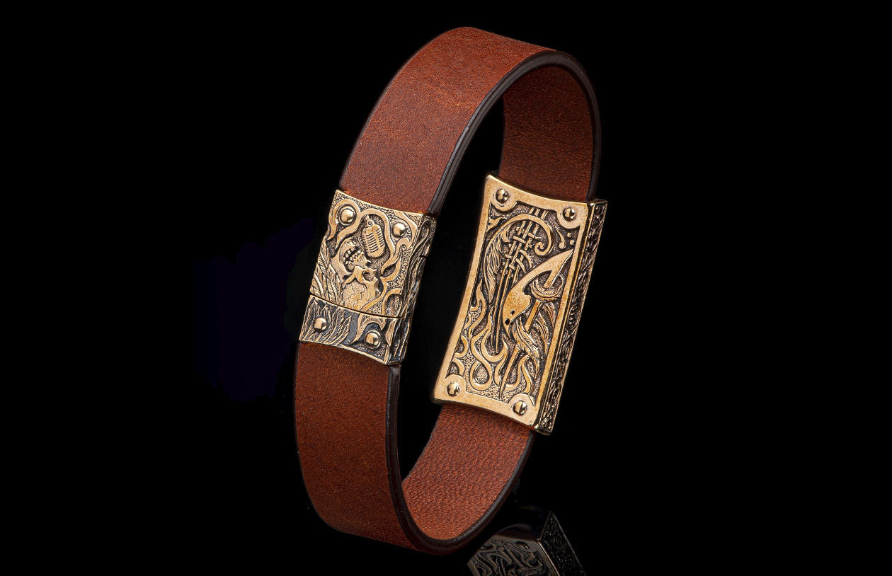 William Henry La Grange Bronze Skull Brown Leather Bracelet