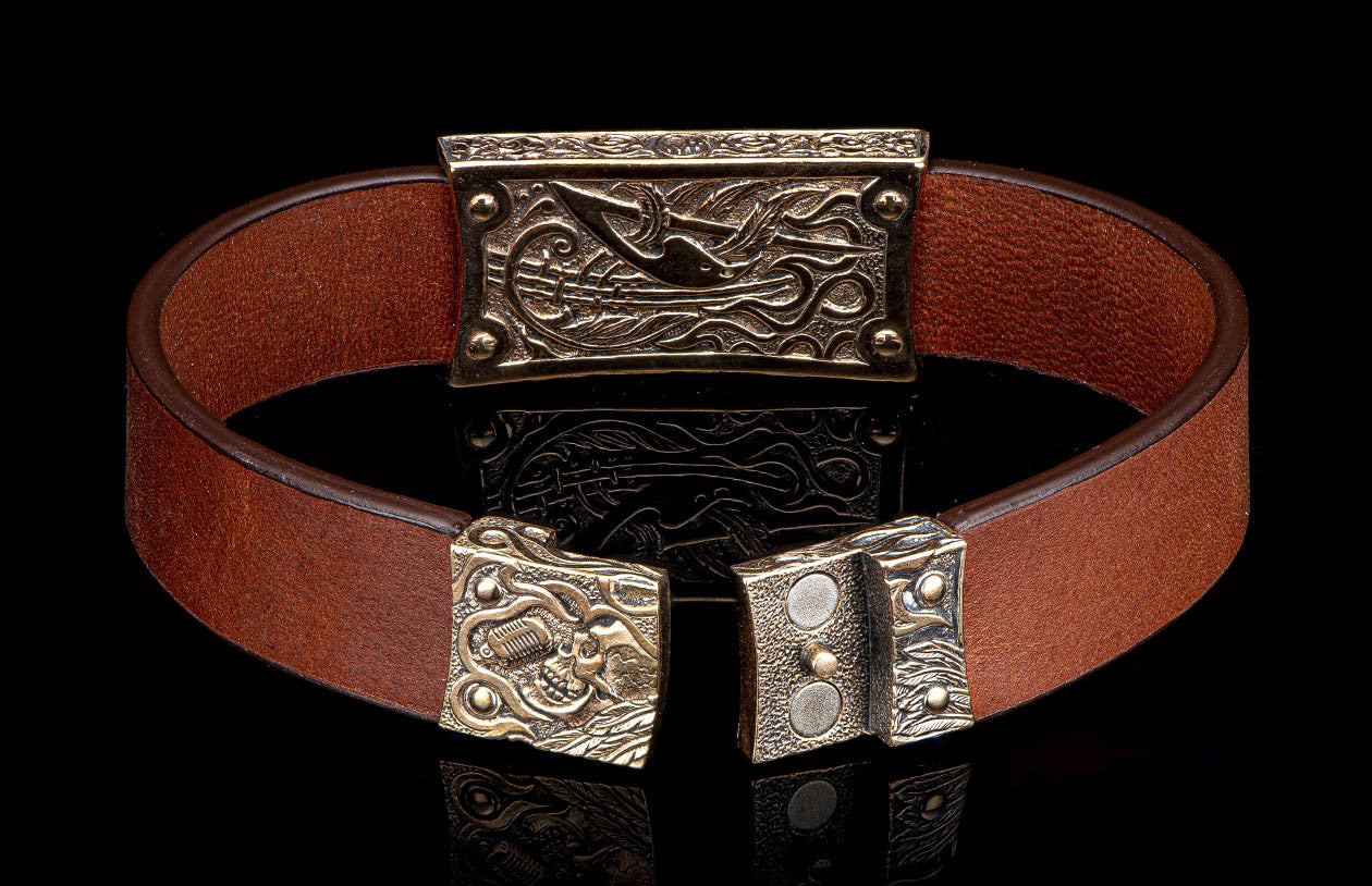 William Henry La Grange Bronze Skull Brown Leather Bracelet