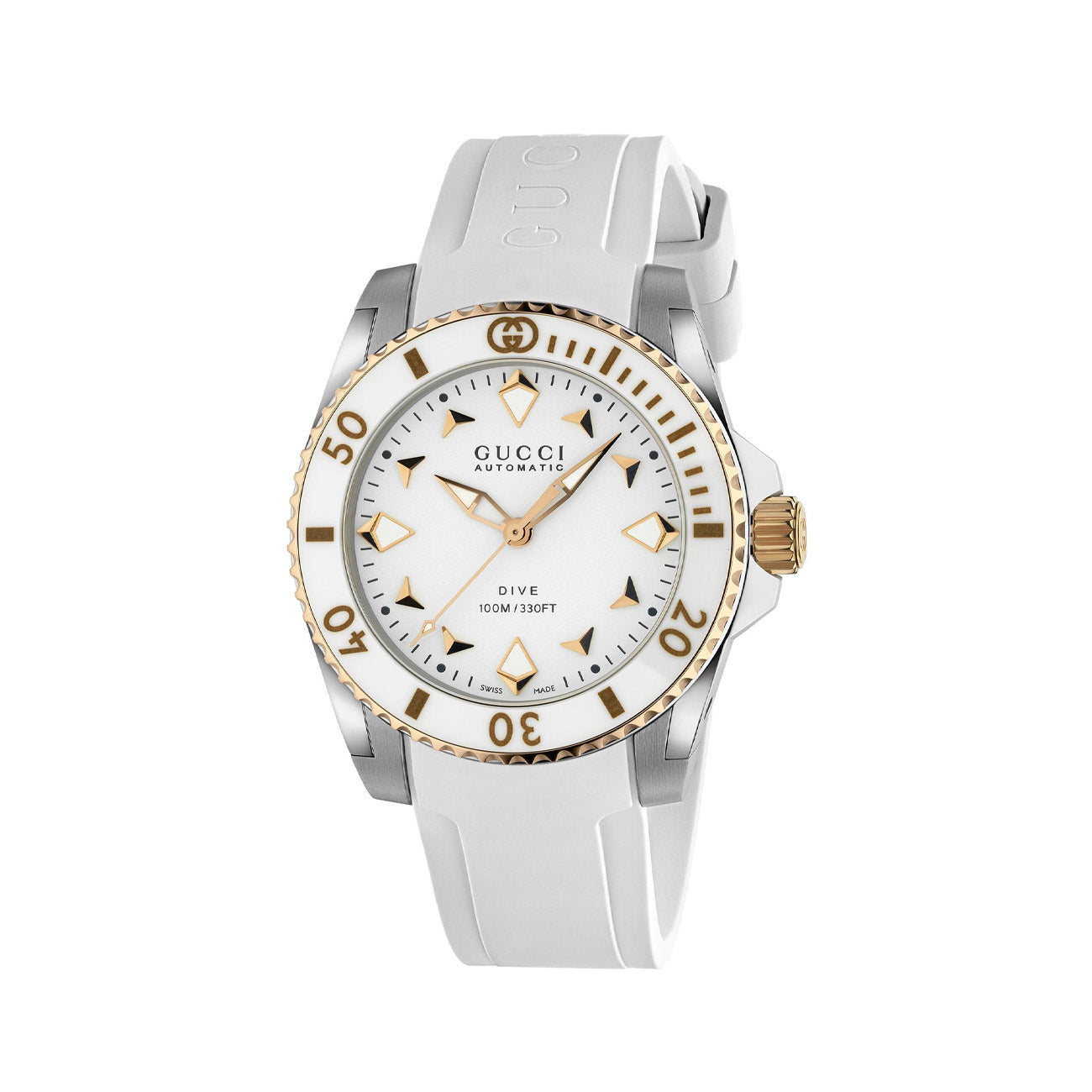 Gucci Dive White Dial Pink Gold Bezel Watch on White Rubber Strap - 36mm