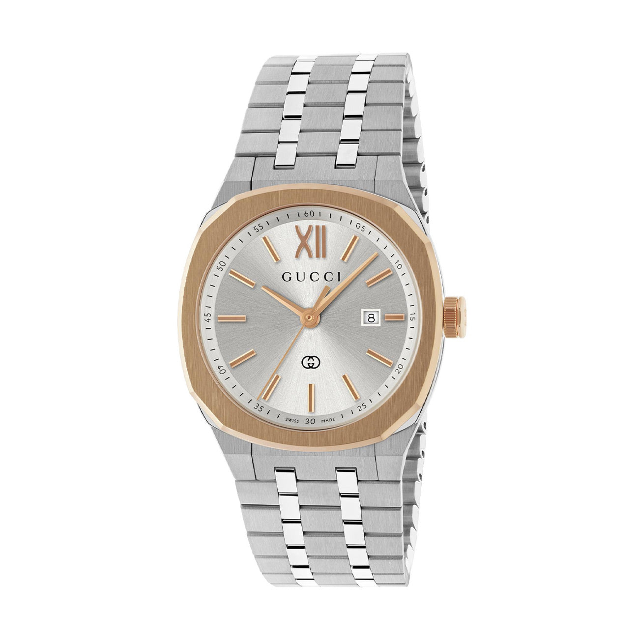 Gucci 25H Silver Dial Pink Gold Bezel Watch - 30mm
