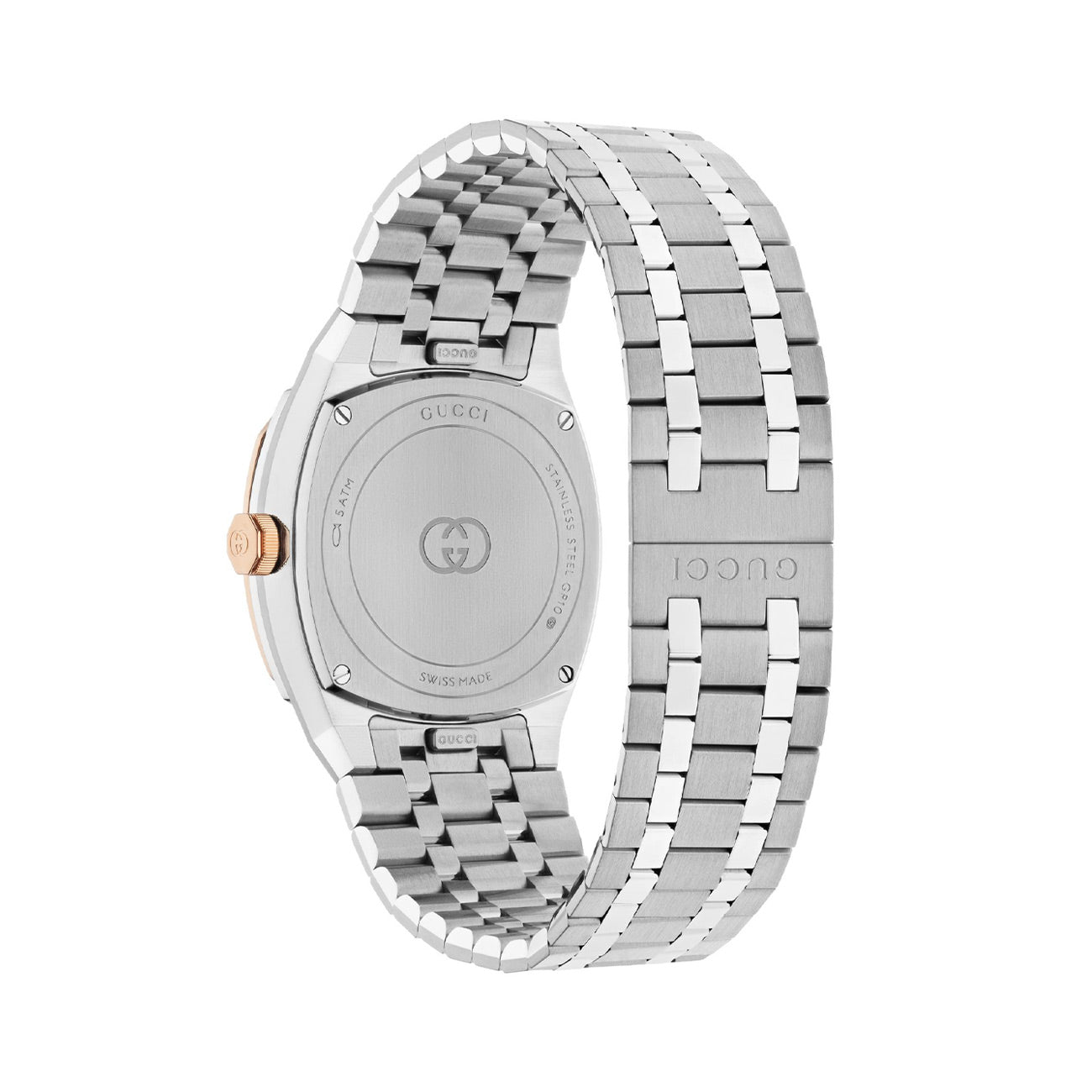 Gucci 25H Silver Dial Pink Gold Bezel Watch - 30mm