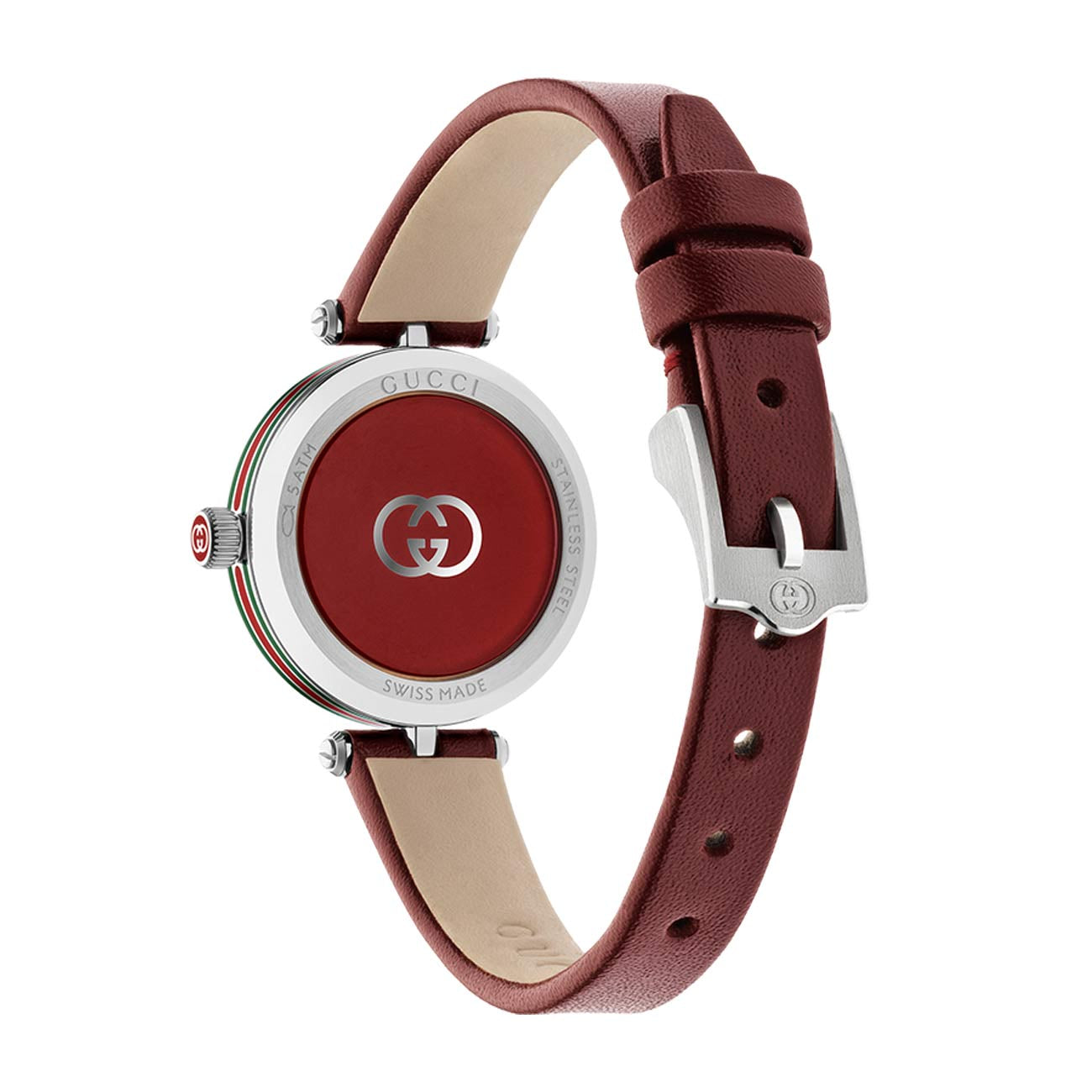 Gucci Model 2000 Silver and Red Dial Watch with Red Leather Strap - 24mm