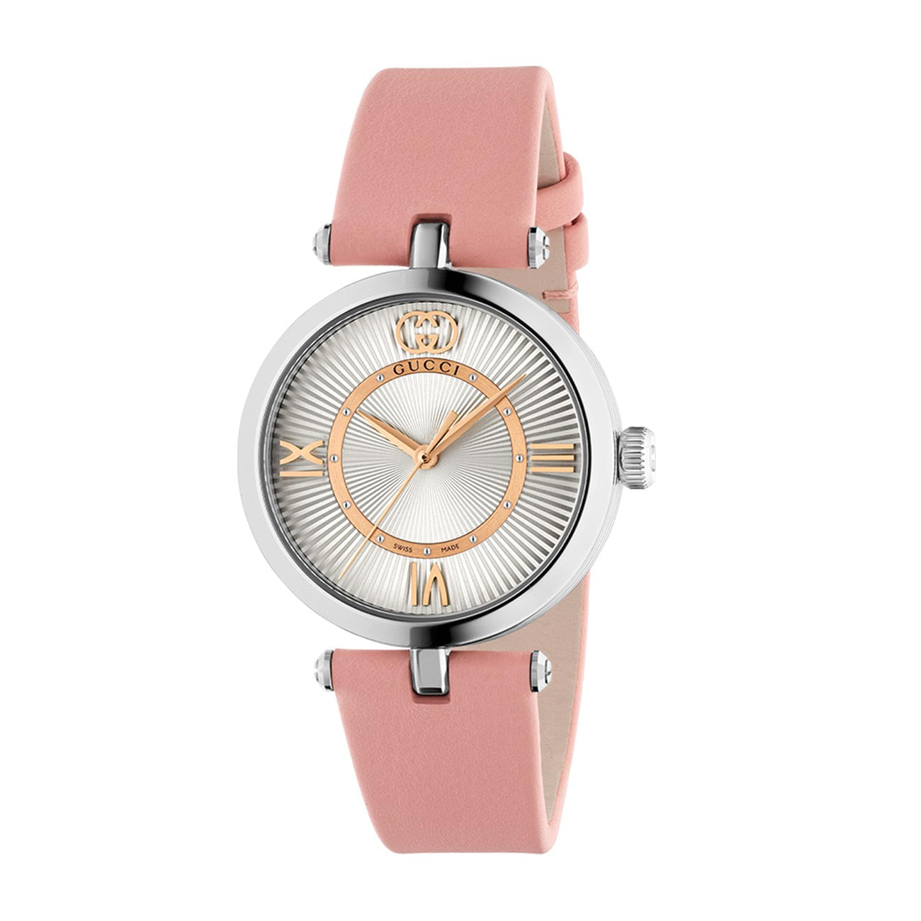 Gucci Model 2000 Silver Dial Watch with Pink Leather Strap - 30mm