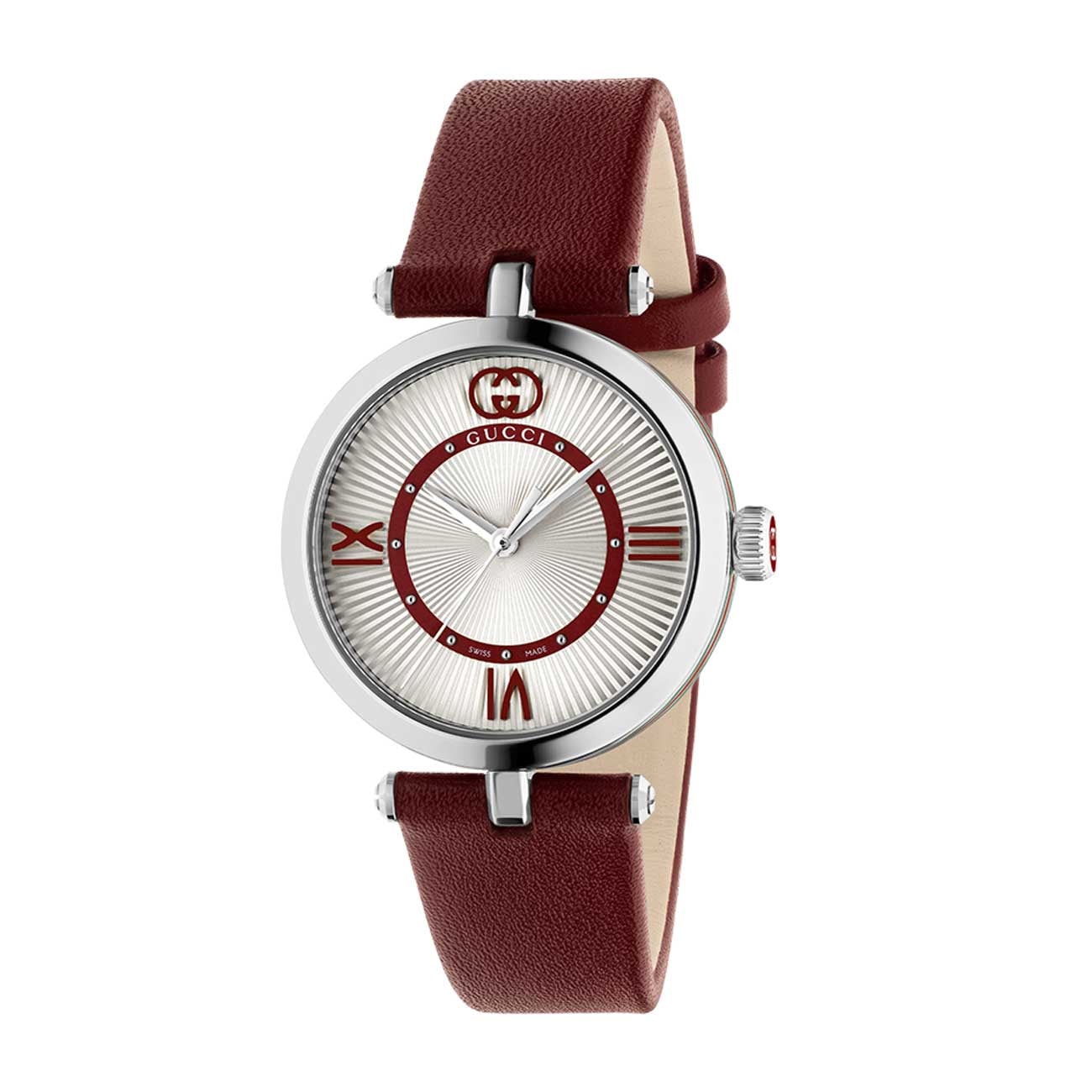Gucci Model 2000 Silver and Red Dial Watch with Red Leather Strap - 30mm