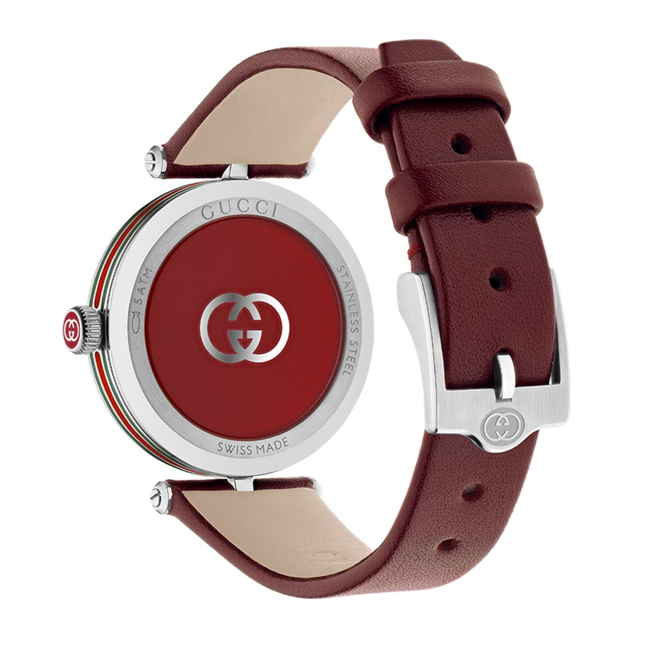 Gucci Model 2000 Silver and Red Dial Watch with Red Leather Strap - 30mm