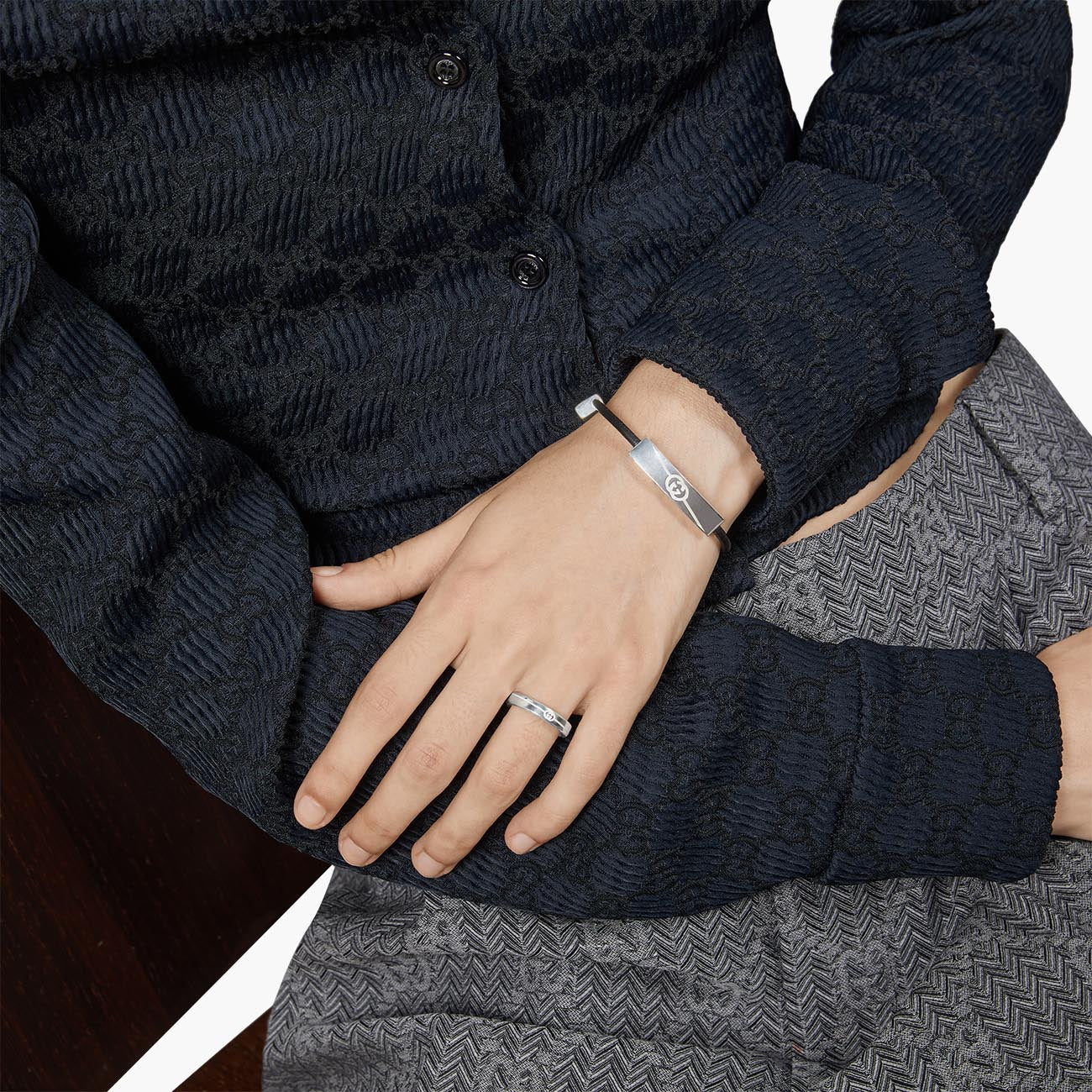 Gucci Tag Diagonal Interlocking G Leather Bracelet