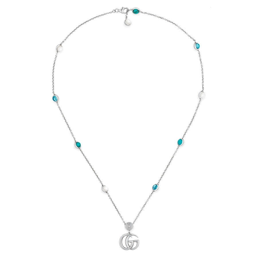 Gucci GG Marmont Mother of Pearl & Topaz Double G Pendant Necklace