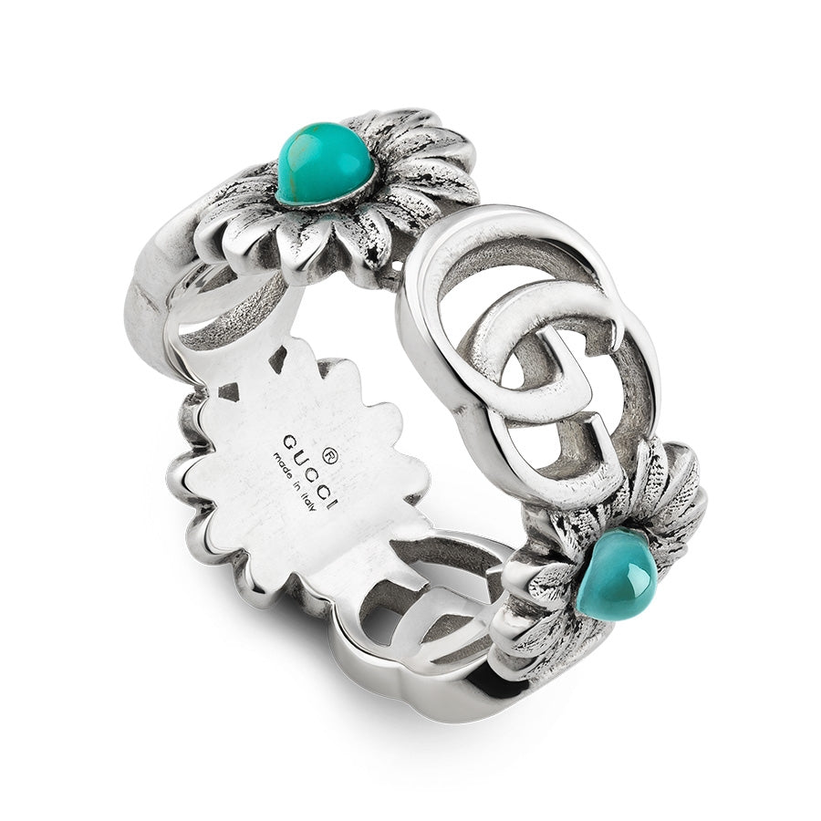 Gucci GG Marmont Silver Turquoise Flower Band Ring