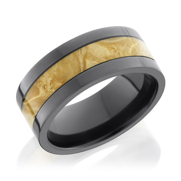 Lashbrook Zirconium 8mm Flat Box Elder Burl Wood Inlay Band