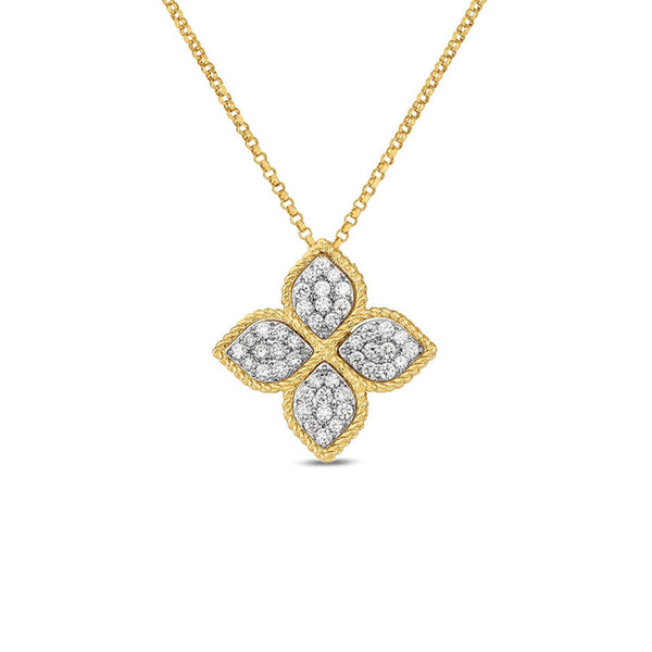 Roberto Coin Princess Flower Yellow Gold Large Diamond Pendant Necklace
