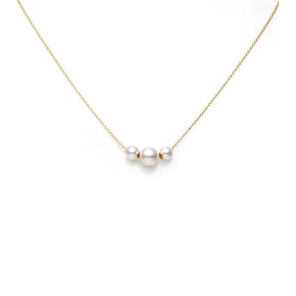 Mikimoto Yellow Gold Three Pearl Station Necklace