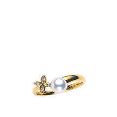Mikimoto 6mm Akoya Pearl & Diamond Yellow Gold Clover Ring