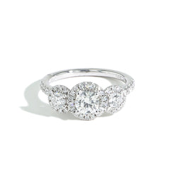 Three Stone Round Diamond Halo Engagement Ring