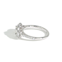 Three Stone Round Diamond Halo Engagement Ring