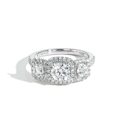 Three Stone Round Cushion Halo Engagement Ring - Private Label product