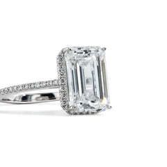 5.02 Carat Emerald Cut Lab Grown Diamond Pave Hidden Halo Engagement Ring