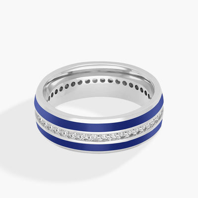 Double Blue Stripes with Single Diamond Row Wedding Band in 14K White Gold - Private Label product