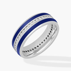 Double Blue Stripes with Single Diamond Row Wedding Band in 14K White Gold