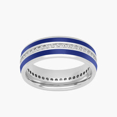 Double Blue Stripes with Single Diamond Row Wedding Band in 14K White Gold
