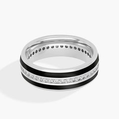 Double Black Stripes with Single Diamond Row Wedding Band in 14K White Gold