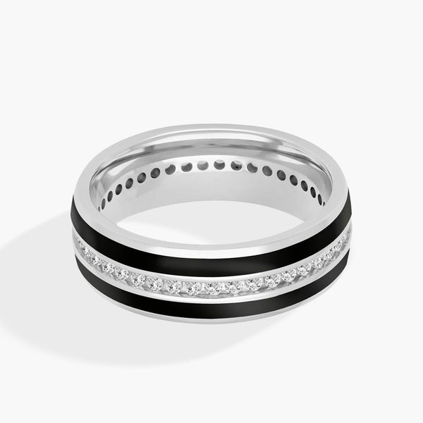 Double Black Stripes with Single Diamond Row Wedding Band in 14K White Gold