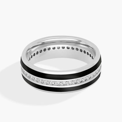 Double Black Stripes with Single Diamond Row Wedding Band in 14K White Gold - Private Label product