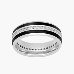 Double Black Stripes with Single Diamond Row Wedding Band in 14K White Gold